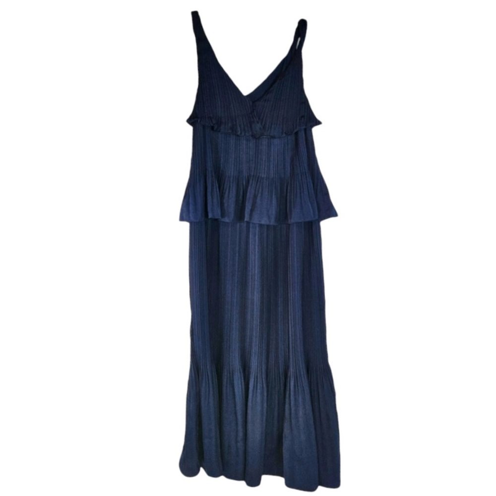 MAJE Rockanil Plisse Pleated Tiered Midi Dress Evening Navy Blue Size 1 (S)
